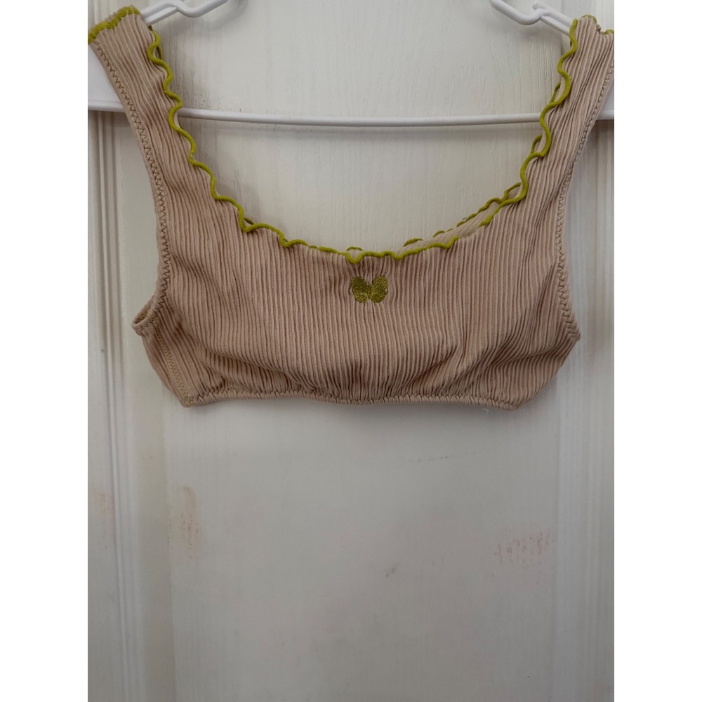 Forever 21 Ribbed Butterfly Bikini Top Tan Lime Green Lettuce Edge Medium‎